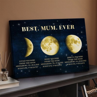 Custom Best Mum Ever Universe Moon Phase Print Frame With Kids Names For Mother's Day Gift
