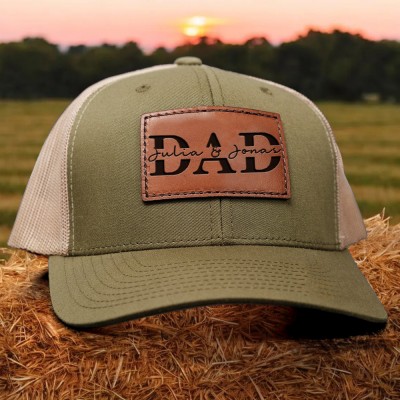Custom DAD Leather Patch Cap With Kids Name For Father's Day Birthday Gift