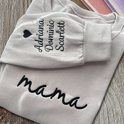Personalised Embroidered MAMA Sweatshirt with Kids Names on Sleeve For New Mum Grandma Mother's Day Gift