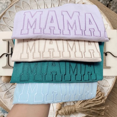 Custom Embroidered MAMA Sweatshirt with Kids Names on Sleeve For New Mum Grandma Mother's Day Gift