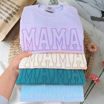 Custom Embroidered MAMA Sweatshirt with Kids Names on Sleeve For New Mum Grandma Mother's Day Gift