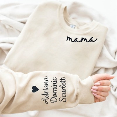 Personalised Embroidered MAMA Sweatshirt with Kids Names on Sleeve For New Mum Grandma Mother's Day Gift