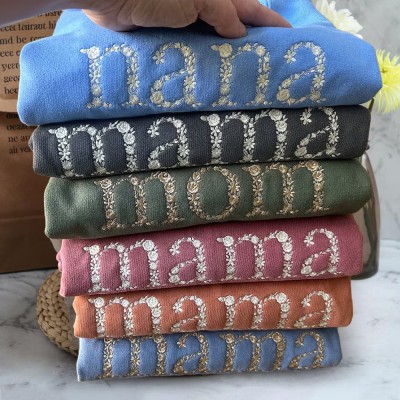 Personalised Floral Mama Embroidered Sweatshirt with Kids Names on Sleeve For New Mum Grandma Mother's Day Gift