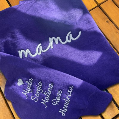 Personalised Embroidered MAMA Sweatshirt with Kids Names on Sleeve For New Mum Grandma Mother's Day Gift