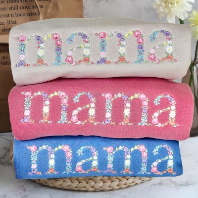 Personalised Embroidered Floral Mama Sweatshirt with Kids Names on Sleeve For New Mum Grandma Mother's Day Gift