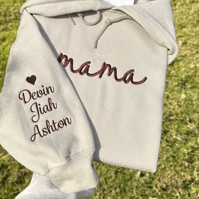 Personalised Embroidered MAMA Hoodie Sweatshirt with Kids Names on Sleeve For New Mum Grandma Mother's Day Gift