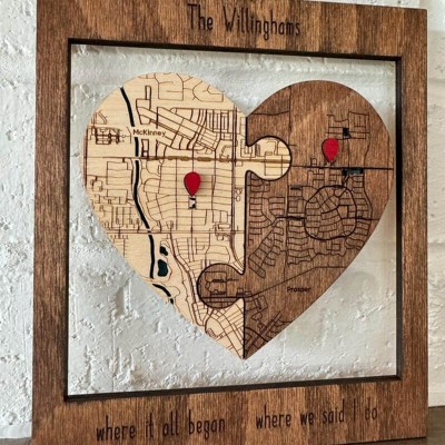 Personalised Two Locations Heart Puzzle Map Wooden Framed Wall Art Anniversary Valentine's Day Gift for Couple
