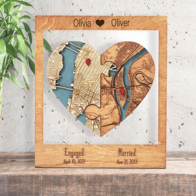 Personalised Two Locations Heart Puzzle Map Wooden Framed Wall Art Anniversary Valentine's Day Gift for Couple