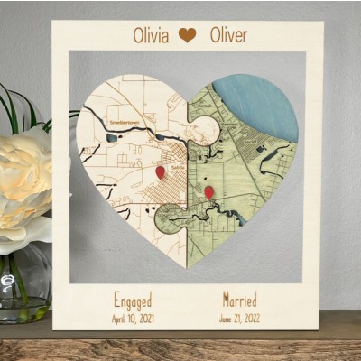 Personalised Two Locations Heart Puzzle Map Wooden Framed Wall Art Anniversary Valentine's Day Gift for Couple