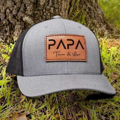 Custom Papa Leather Patch Hat With Kids Name For Papa Dad Father's Day Gift