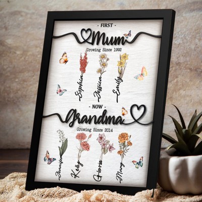 First Mum Now Grandma Wooden Sign Personalised Birth Month Flowers Gift From Kids For Mum Grandma Mother's Day Birthday