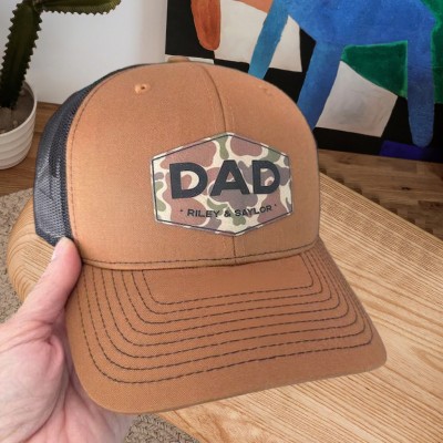 Custom Dad Leather Patch Cap With Kids Name For Men Father's Day Birthday Gift