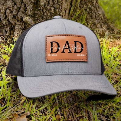 Custom DAD Leather Patch Cap With Kids Name For Dad Grandpa Father's Day Birthday Gift