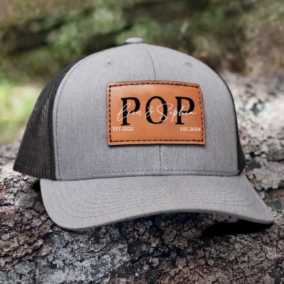 Custom POP Leather Patch Cap With Kids Name For Dad Grandpa Father's Day Birthday Gift