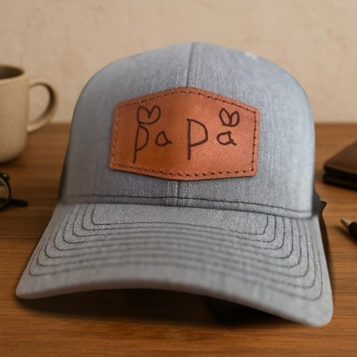 Personalised Child's Handwritten Leather Patch PAPA Hat For Dad Grandpa Father's Day Birthday Gift