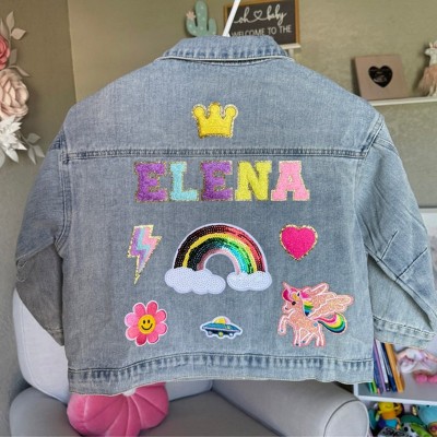 Personalised Letter Patch Jean Jacket With Name For Kids Girls Gift