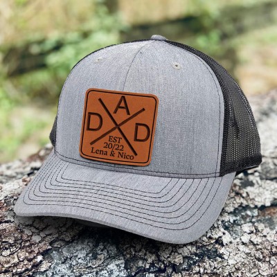 Custom DAD Leather Patch Hat With Kids Name For Papa Dad Grandpa Father's Day Birthday Gift