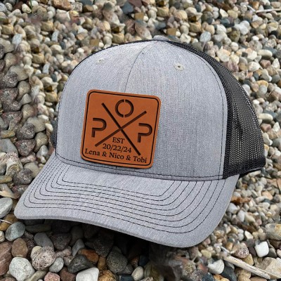 Custom POP Leather Patch Hat With Kids Name For Papa Dad Grandpa Father's Day Birthday Gift