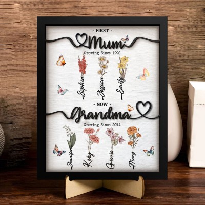 First Mum Now Grandma Wooden Sign Personalised Birth Month Flowers Gift From Kids For Mum Grandma Birthday Mother's Day