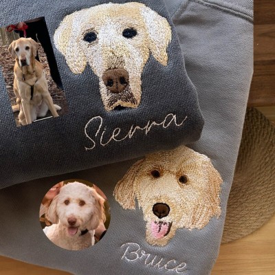 Custom Dog Photo Portrait Embroidered Sweatshirt With Name Keepsake Gift For Pet Lovers