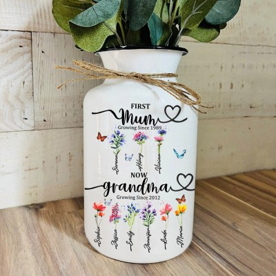 First Mum Now Grandma Personalised Birth Flower Vase With Kids Name For Mother's Day Gift Ideas
