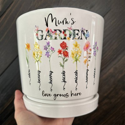 Personalised Mum's Garden Birth Flower Pot with Kids Name For Unique Mother's Day Gift