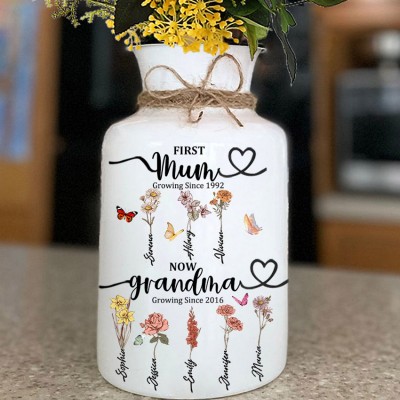First Mum Now Grandma Personalised Birth Flower Vase With Kids Name For Mum Grandma Mother's Day Gift Ideas