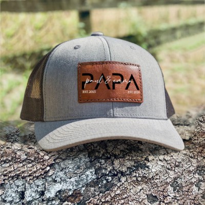 Custom PAPA Leather Patch Cap With Kids Name For Dad Grandpa Father's Day Birthday Gift