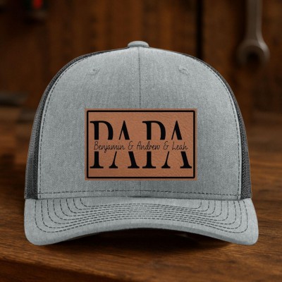 Custom Papa Leather Patch Hat With Kids Name For Papa Dad Father's Day Gift