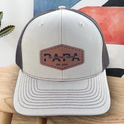Custom Papa Leather Patch Hat With Kids Name For Papa Dad Father's Day Gift