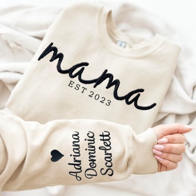 Personalised Embroidered MAMA Sweatshirt Hoodie with Kids Names on Sleeve For New Mum Grandma Mother's Day Gift
