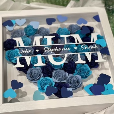 Personalised Mum Flower Shadow Box with Kids Names For Mother's Day Gift