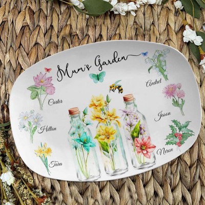 Personalised Mum's Garden Birth Flower Platter with Children Name For Mum Grandma Family Gift Ideas