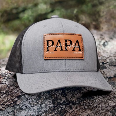 Custom PAPA Leather Patch Cap With Kids Name For Dad Grandpa Father's Day Birthday Gift
