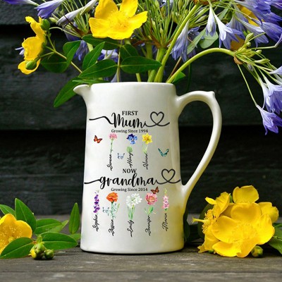 First Mum Now Grandma Personalised Birth Flower Vase With Kids Name For Mother's Day Gift Ideas