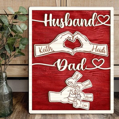Personalised Fist Bump Dad Husband Wood Sign With Kids Name For Father's Day Gift