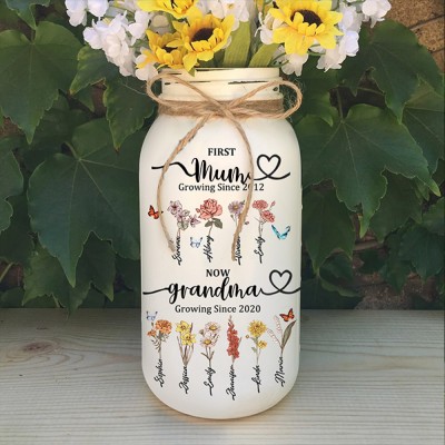 Custom First Mum Now Grandma Vase With Kids Birth Month Flower and Name For Mum Grandma Mother's Day Gift