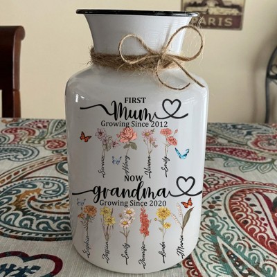 Custom First Mum Now Grandma Vase With Kids Birth Month Flower and Name For Mum Grandma Mother's Day Gift