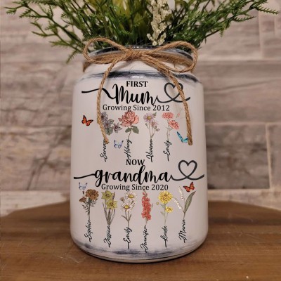 Custom First Mum Now Grandma Vase With Kids Birth Month Flower and Name For Mum Grandma Mother's Day Gift