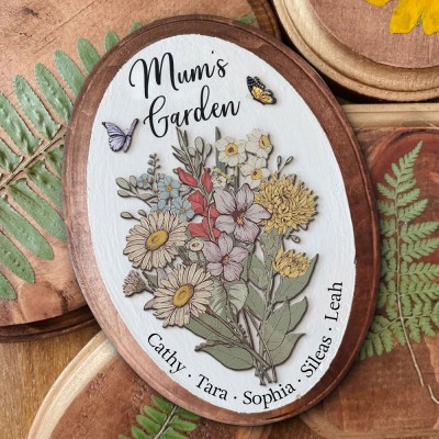 Personalised Mum's Garden Birth Flower Bouquet Art Oval Wood Sign With Kids Name For Family Gift