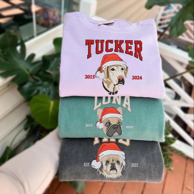 Custom Christmas Embroidered Dog Face Varsity Style Sweatshirt For Pet Lover Gift