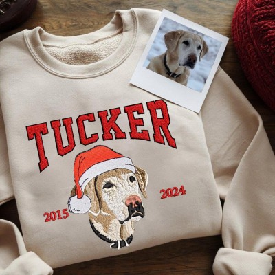 Custom Christmas Embroidered Dog Face Varsity Style Sweatshirt For Pet Lover Gift