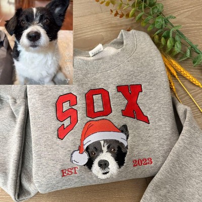 Custom Christmas Embroidered Dog Face Varsity Style Sweatshirt For Pet Lover Gift