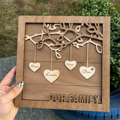 Personalised Family Tree Wood Frame Sign with Kids Name For Christmas Family Gift