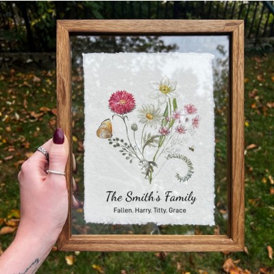 Custom Birth Flower Family Bouquet Frame Antique Home Art For Mum Grandma Christmas Gift